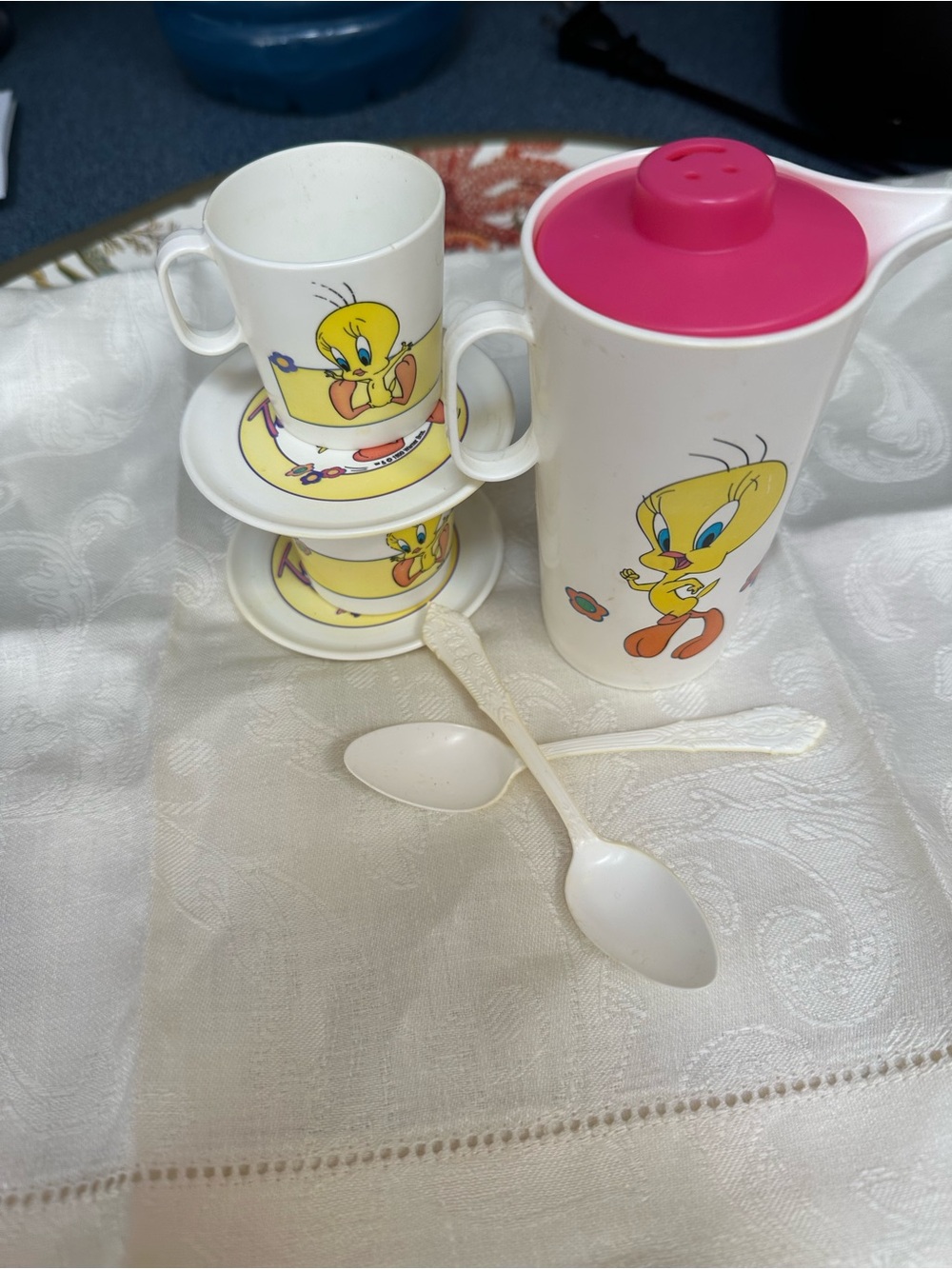 Tweety-Themed White and Pink Plastic Tea Set